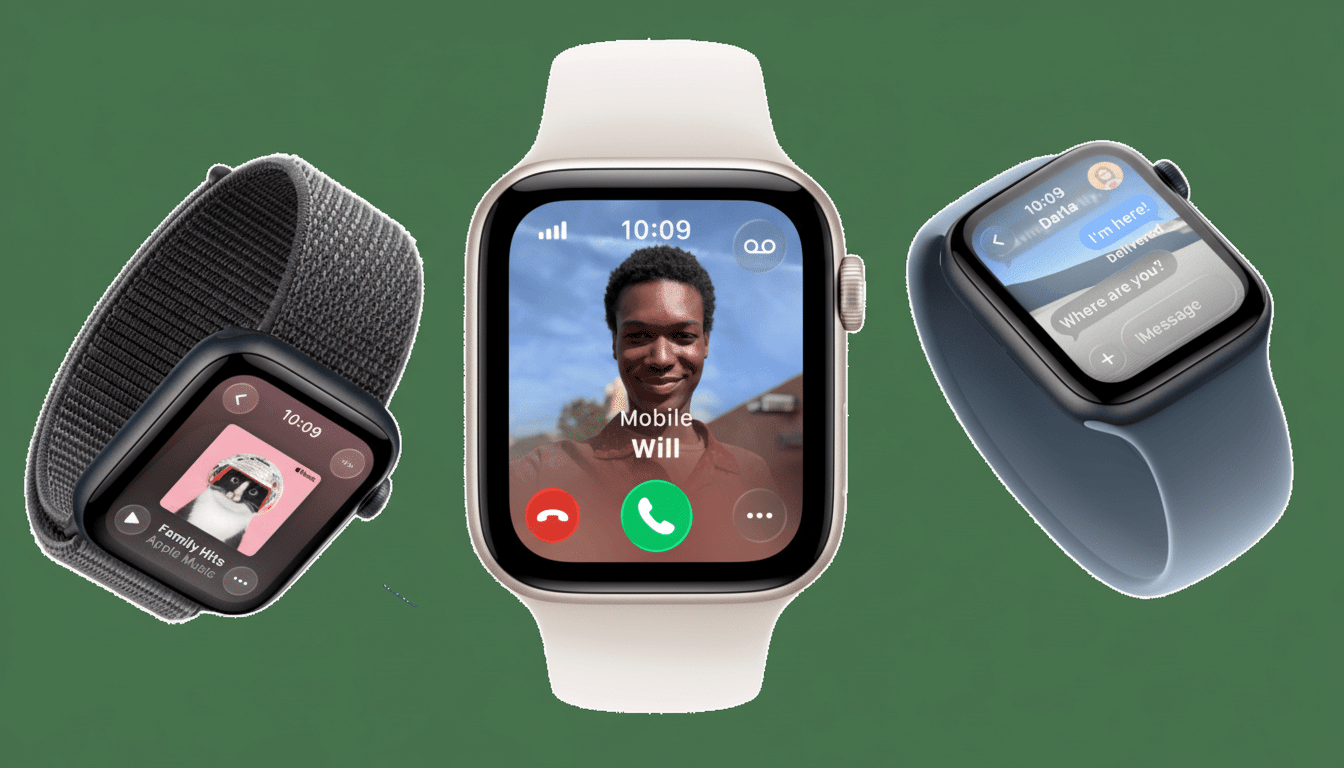 Three Apple Watches displayed at different angles on a solid green background. The central watch shows a video call with a person named Will, the left