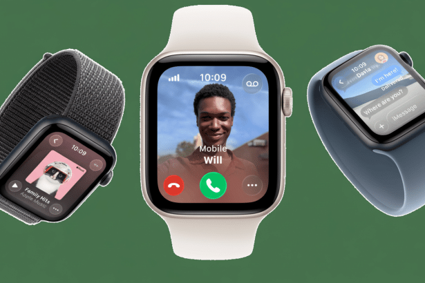 A 16: 9 aspect ratio image of three Apple Watches, with the central watch displaying a video call with a person. The background remains the original g