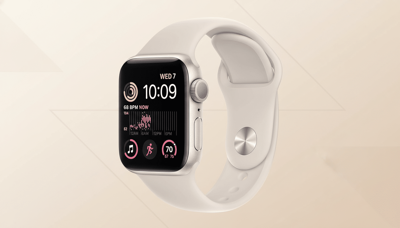 An Apple Watch SE with a cream-colored band and a black screen displaying the time, heart rate , and activity metrics .