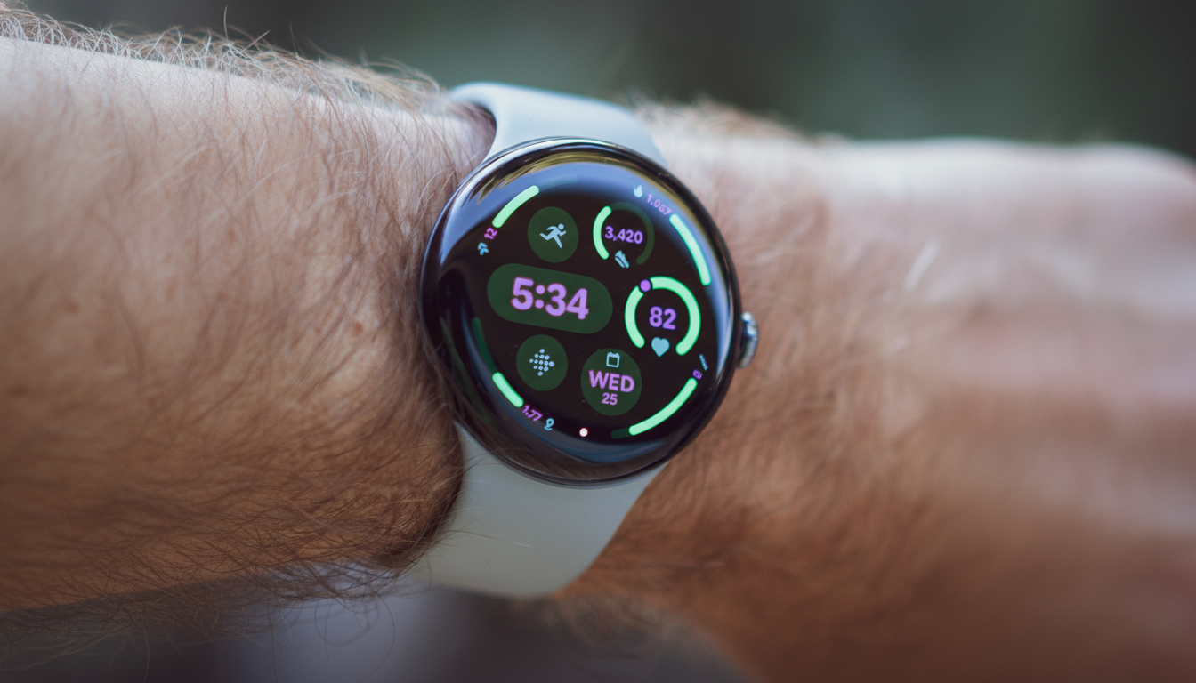 A close-up of a persons wrist wearing a Google Pixel Watch, displaying a vibrant watch face with time, activity trackers, and date.