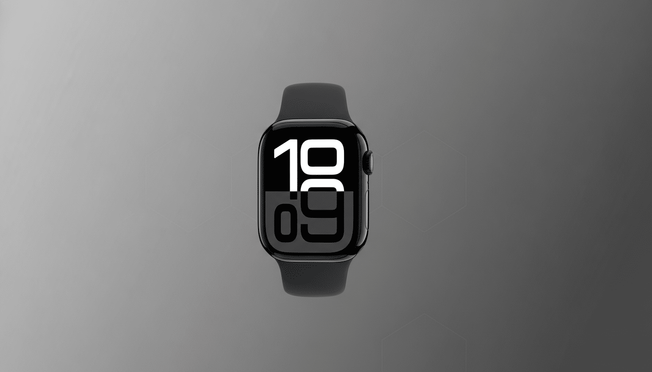 A professional , enhanced image of a black smartwatch , resized to a 16:9 aspect ratio, centered against a subtle gradient gray background with faint hexagonal patterns. Filename : professional black smartwatch 169 . png