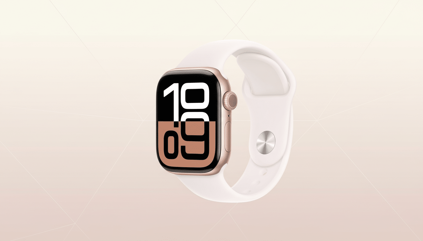 An Apple Watch with a rose gold case and a white sport band, displaying 10 :09 on a screen that is half black and half rose gold. The watch is centered on a professional flat background with soft, light pink gradient patterns. Filename : apple watchrose goldwhite bandprofessional . png