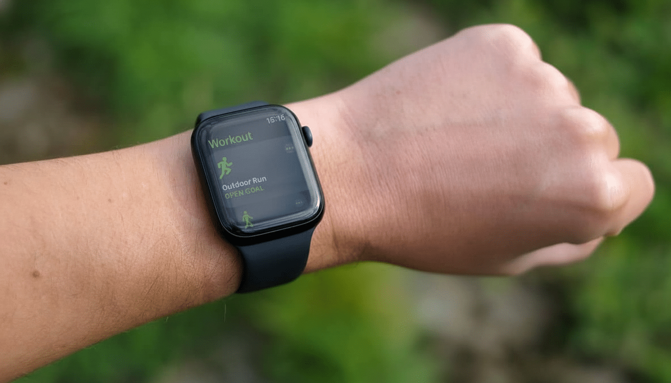 A close -up shot of a persons wrist wearing an Apple Watch, displaying the Workout app with Outdoor Run and Open Goal selected. The background is a na