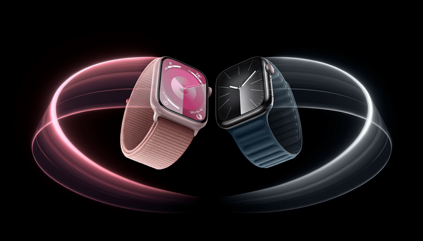 A 16: 9 aspect ratio image of two Apple Watches, one with a pink band and face, the other with a bl
