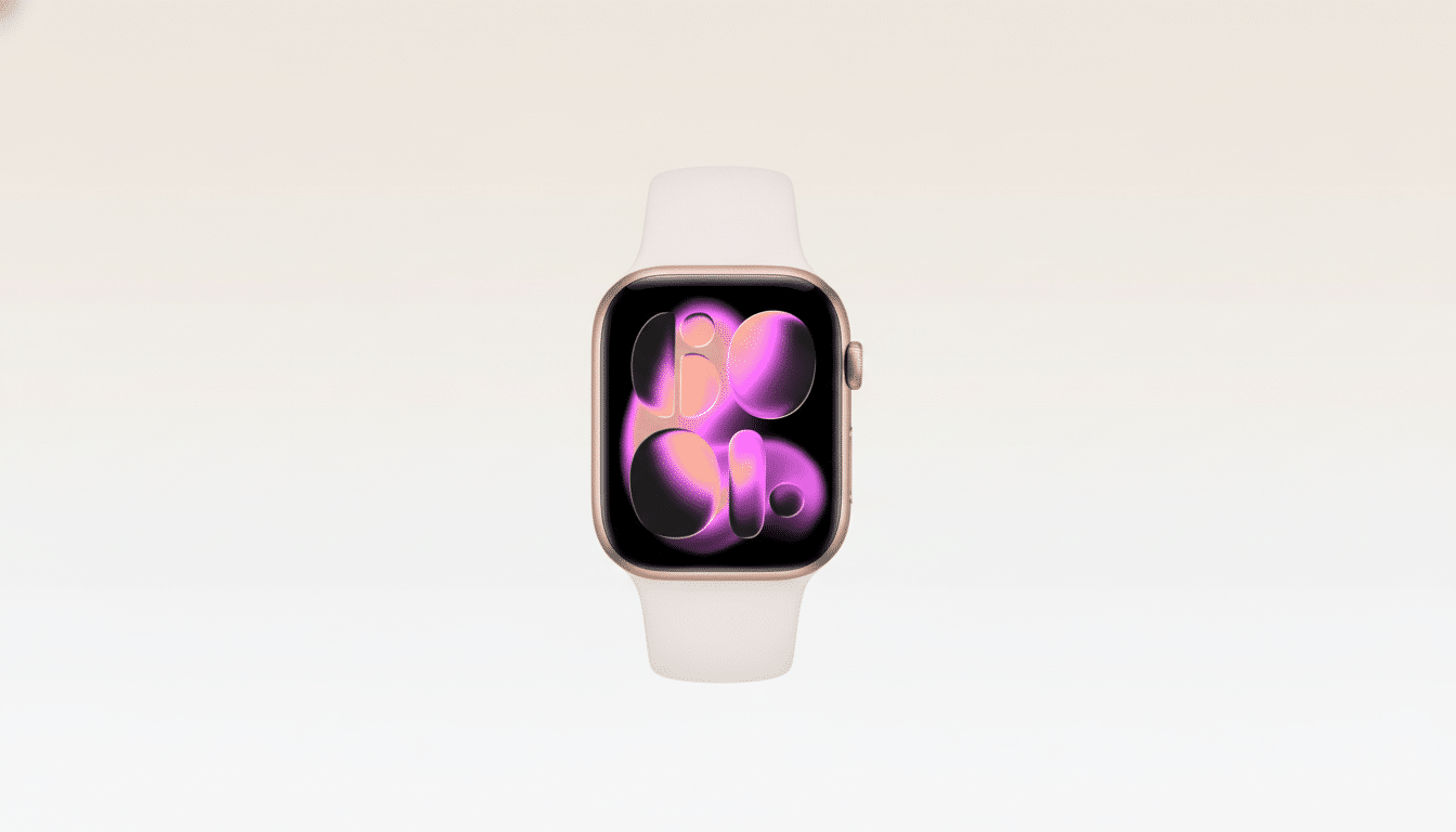 A gold Apple Watch with a white band, displaying a vibrant abstract purple and orange watch face, centered on a minimalist light beige background.