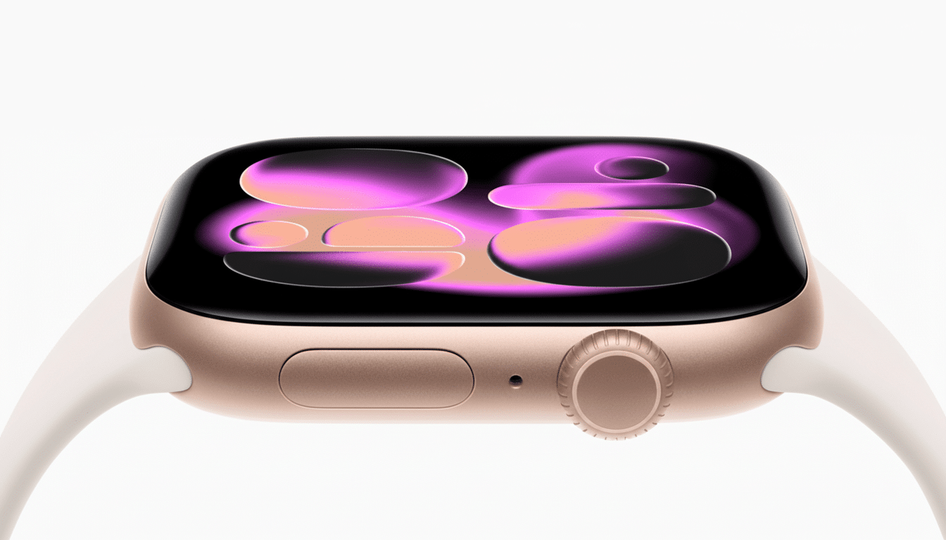 A close -up, high -angle view of a gold- colored Apple Watch with a white band, displaying a vibrant, abstract purple and orange watch face against a