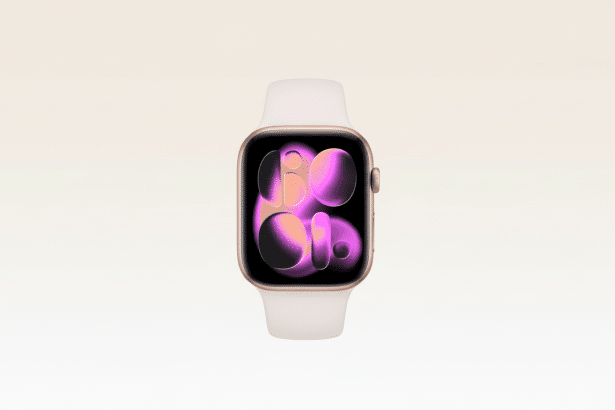 A professional shot of a rose gold smartwatch with a white band , displaying an abstract pink and orange graphic on its screen, set against a soft, light gradient background. Filename : rosegold smartwatch professional . png