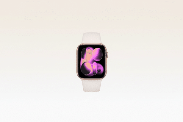 A gold Apple Watch with a white band, displaying a colorful, abstract watch face, centered on a gradient background from a top -down view.