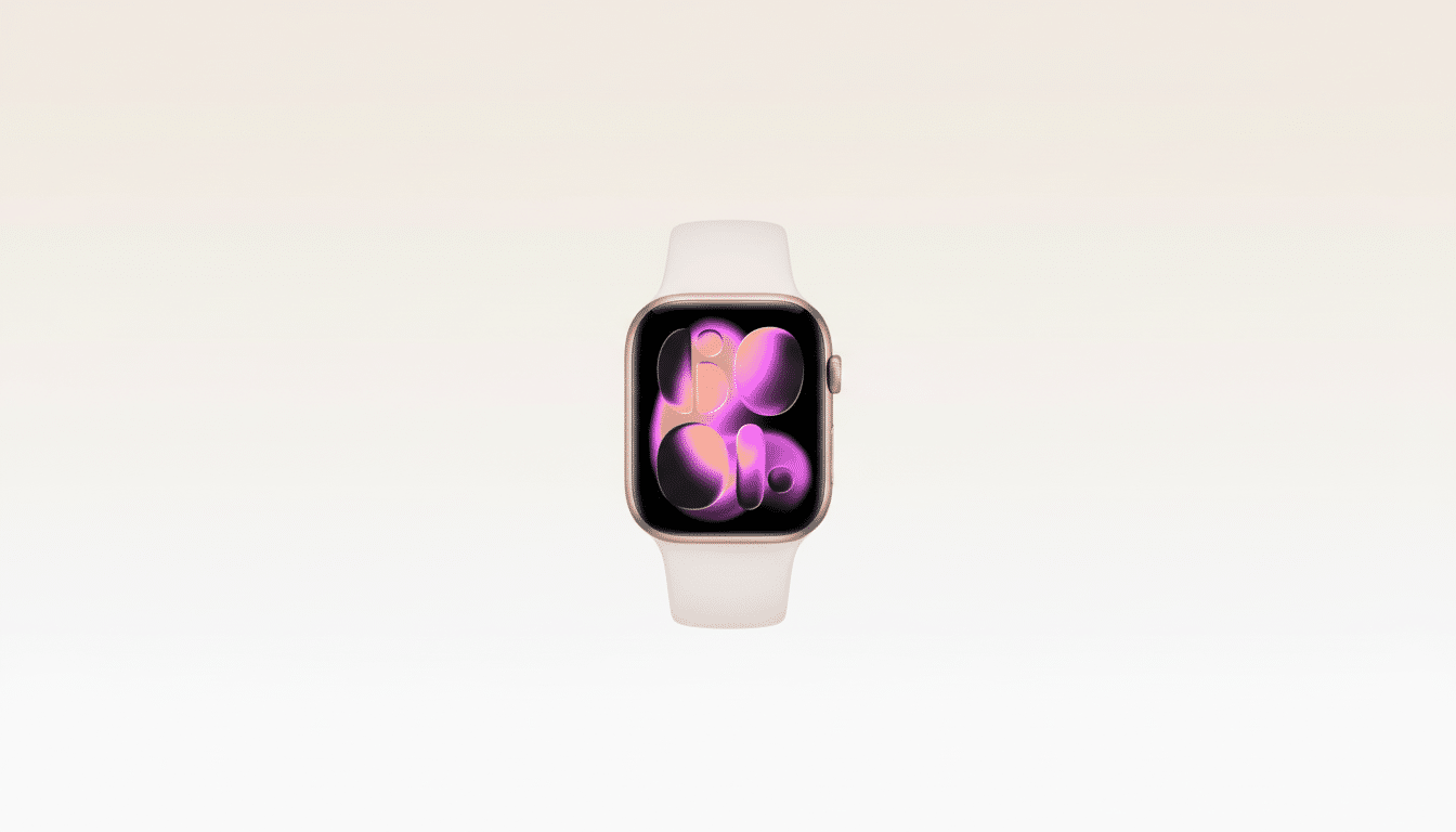 A gold Apple Watch with a white band, displaying a colorful, abstract watch face, centered on a gradient background from a top -down view.