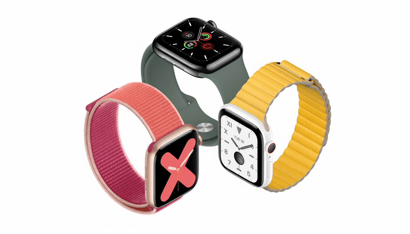 Three Apple Watches displayed in a 16: 9 aspect ratio, featuring different bands and watch faces, presented on a clean white background.