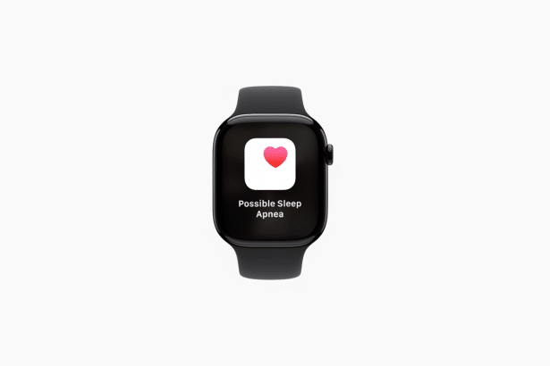 An Apple Watch displaying an app icon with a red heart and the text Possible Sleep Apnea.