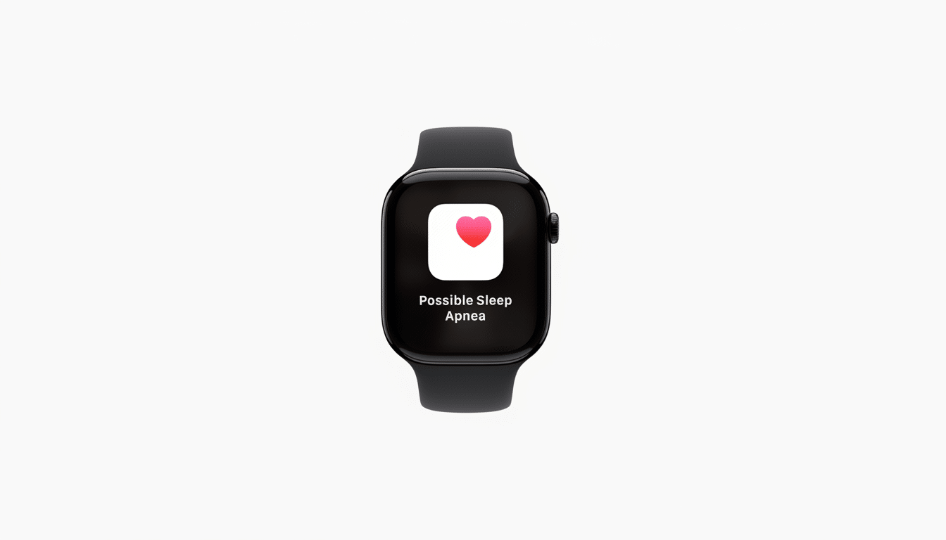 An Apple Watch displaying an app icon with a red heart and the text Possible Sleep Apnea.