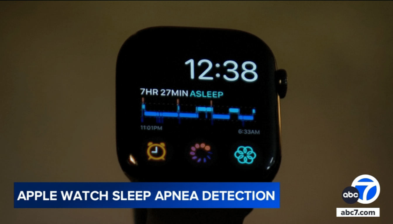 A close -up shot of an Apple Watch displaying sleep tracking data and the time 12: 38, with a news chy ron at the bottom reading APPLE WATCH SLEEP APN