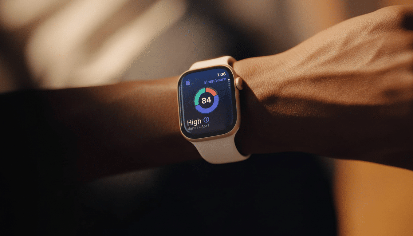 A close-up of a persons wrist wearing an Apple Watch, displaying a sleep score of 84 and indicating High for sleep quality.