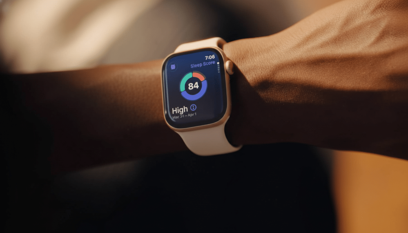 A close-up of a persons wrist wearing an Apple Watch, displaying a sleep score of 84 and indicating High for sleep quality.