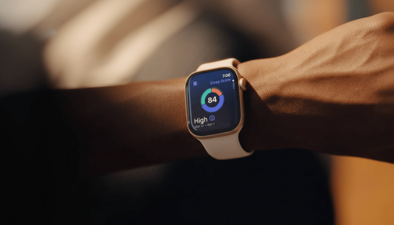 Close -up of a persons wrist wearing an Apple Watch displaying a Sleep Score of 84, indicating High sleep quality.
