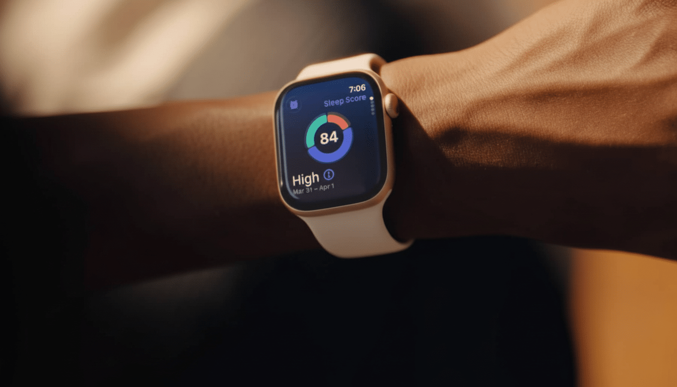 A close -up shot of a persons wrist wearing an Apple Watch, displaying a sleep score of 84 and indicating High for sleep quality.