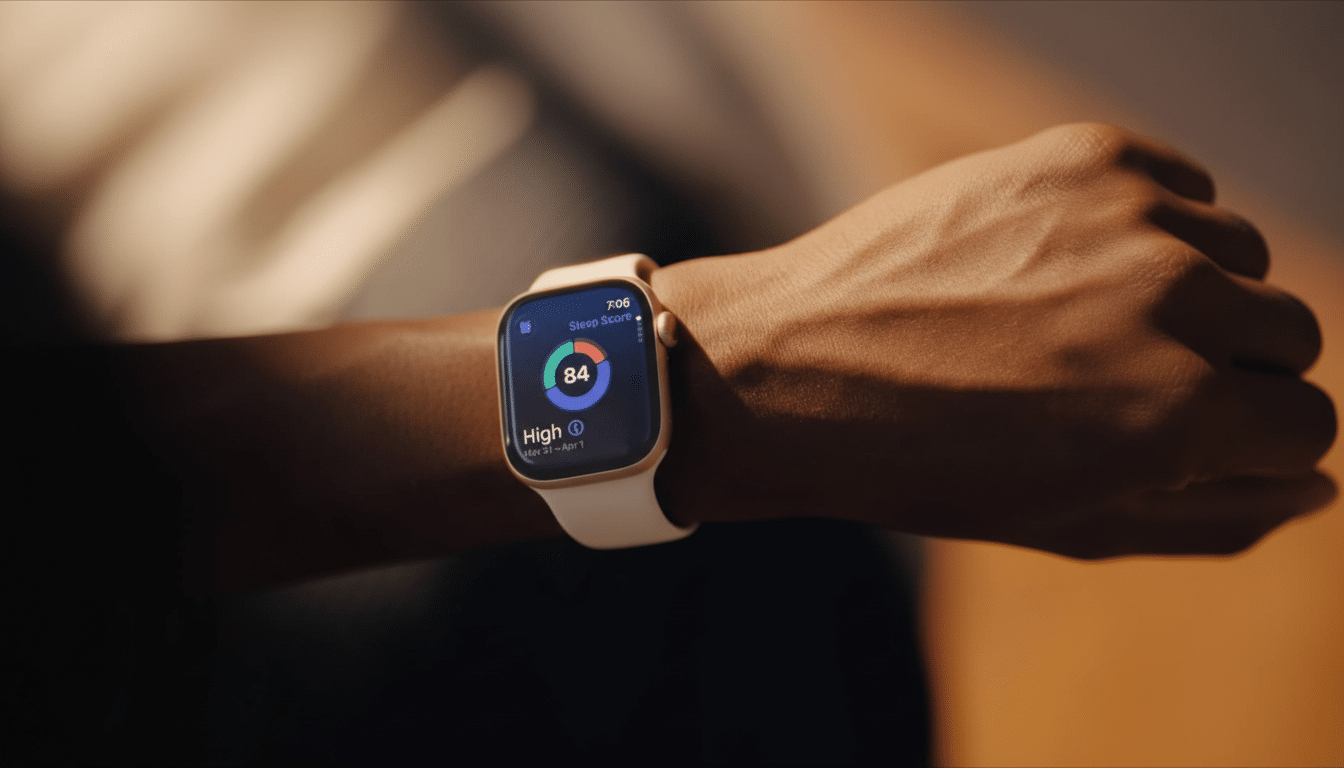 Close -up of a persons wrist wearing a light pink Apple Watch displaying a Sleep Score of 84 and indicating High sleep quality.