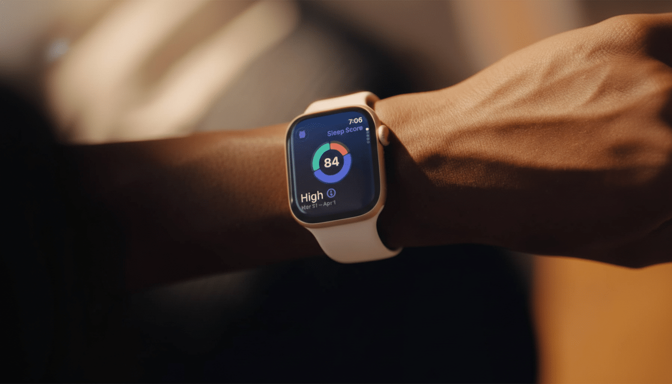 A close-up of a persons wrist wearing a light pink Apple Watch displaying a Sleep Score of 84 and indicating High sleep quality.