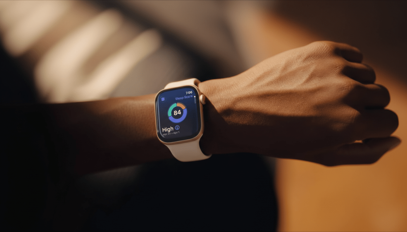 A close -up shot of a person's wrist wearing a light pink Apple Watch, displaying a sleep score of 84 and indicating High sleep quality from March 31 - April 1.