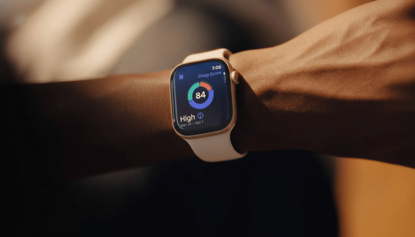 A close -up shot of a person's wrist wearing an Apple Watch , displaying a sleep score of 84 and indicating High sleep quality. Filename : apple watchsleep score.png