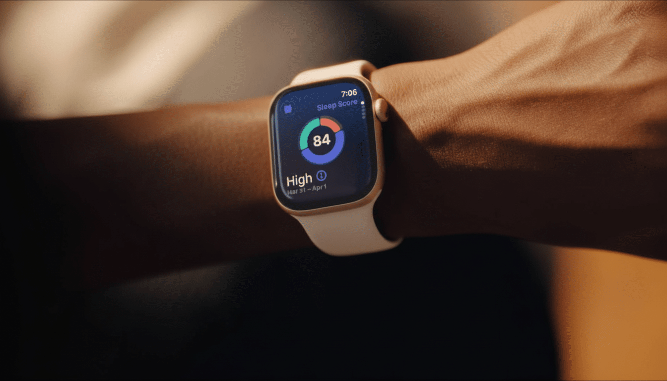 A close-up of a persons wrist wearing an Apple Watch, displaying a sleep score of 84 and indicating High for sleep quality.