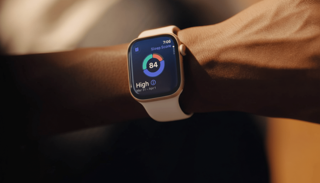 A close -up shot of a persons wrist wearing an Apple Watch, displaying a sleep score of 84 and indicating High for sleep quality.