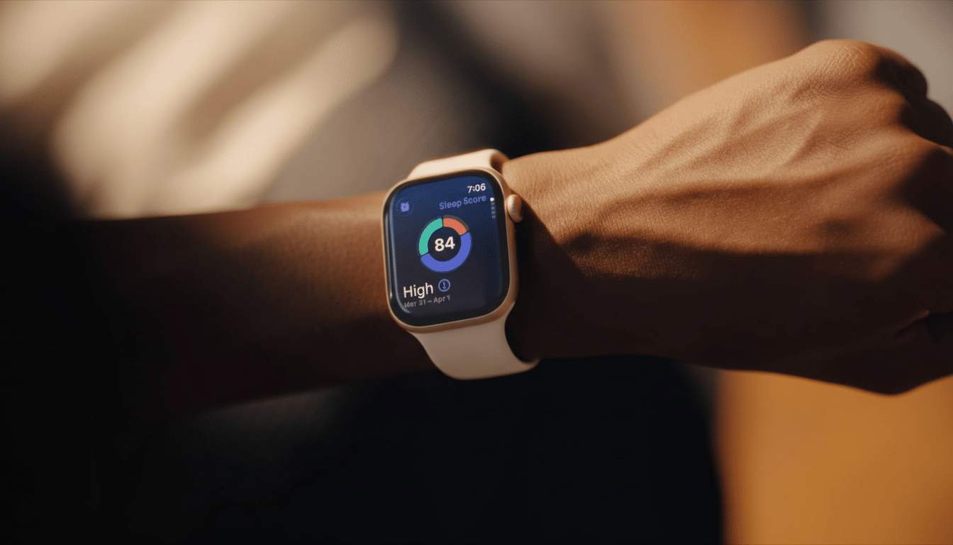 A close -up shot of a persons wrist wearing an Apple Watch, displaying a sleep score of 84 and indicating High sleep quality.