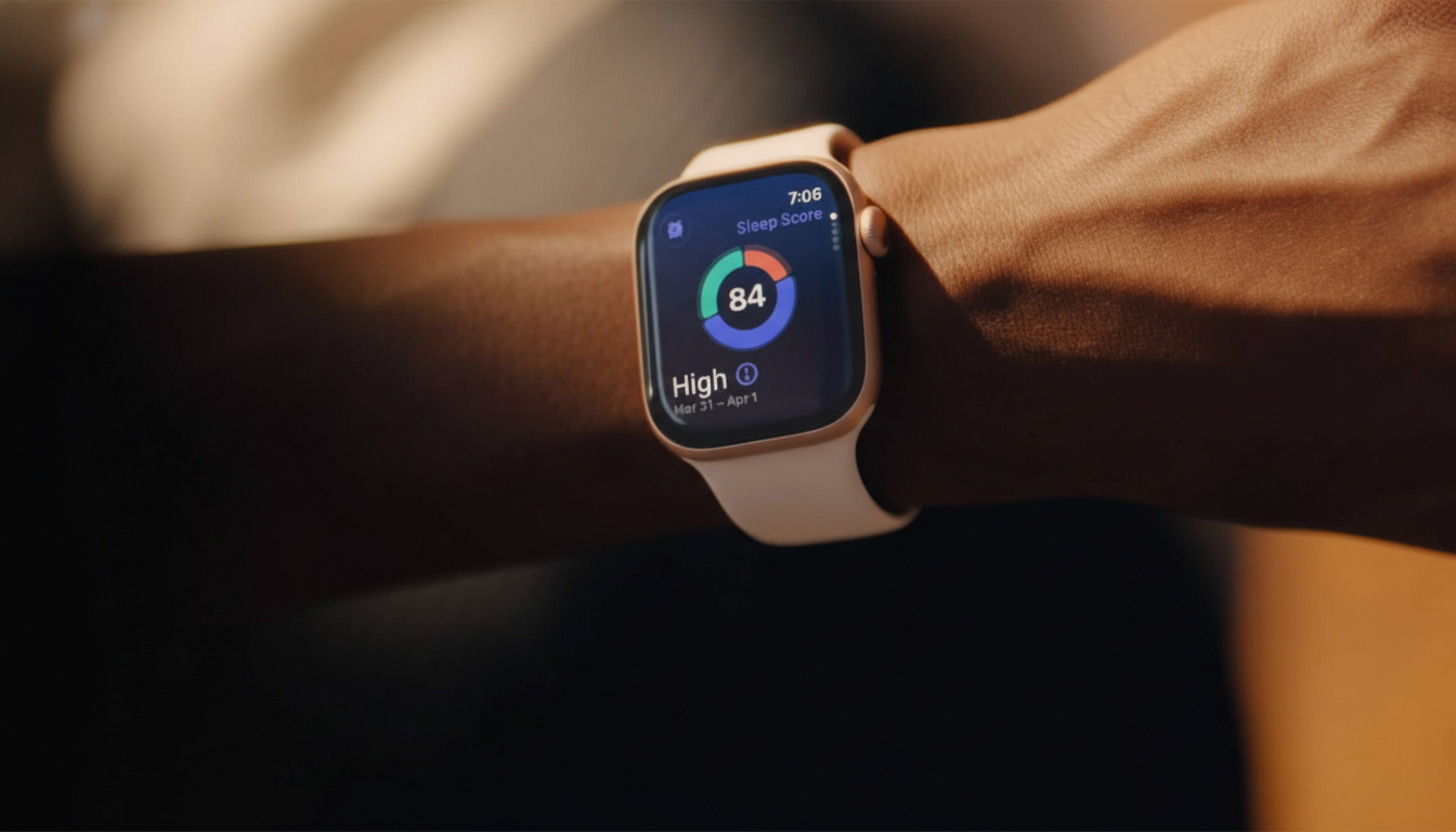 Close -up of a persons wrist wearing an Apple Watch displaying a sleep score of 84 and indicating High sleep quality.