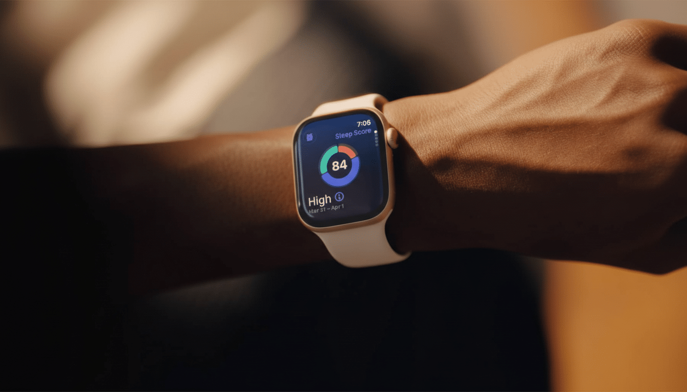 A close -up shot of a persons wrist wearing an Apple Watch, displaying a sleep score of 84 and indicating High for sleep quality from March 31 - April