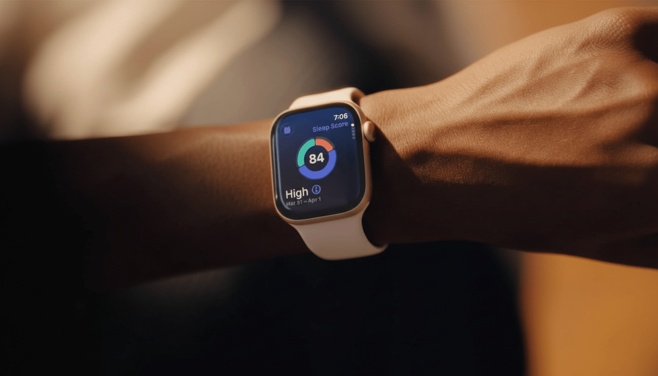 Close -up of a persons wrist wearing an Apple Watch displaying a Sleep Score of 84, indicating High sleep quality.