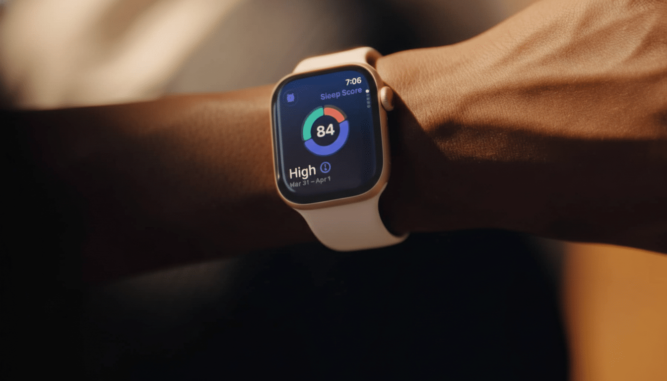 Close -up of a persons wrist wearing an Apple Watch displaying a Sleep Score of 84, indicating High sleep quality.