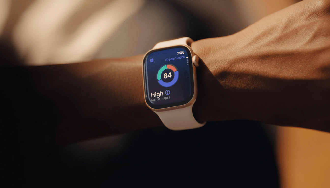 Close -up of a persons wrist wearing an Apple Watch displaying a Sleep Score of 84, indicating High sleep quality.
