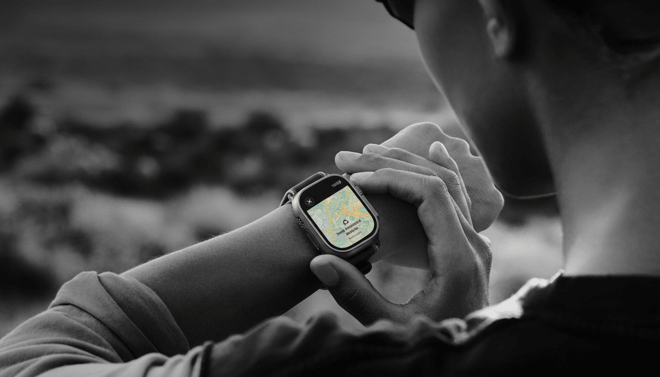 A person wearing a smartwatch on their left wrist, looking at the device. The watch face displays a map application. The background is a blurred, gray