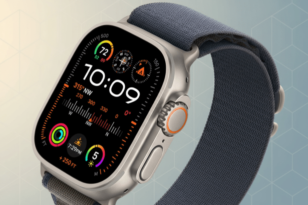 An Apple Watch Ultra with a blue strap is shown against a professional flat design background with s