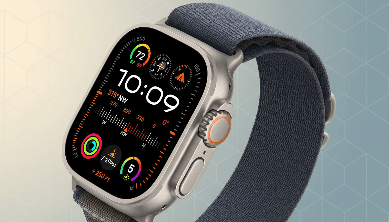 An Apple Watch Ultra with a blue strap is shown against a professional flat design background with s