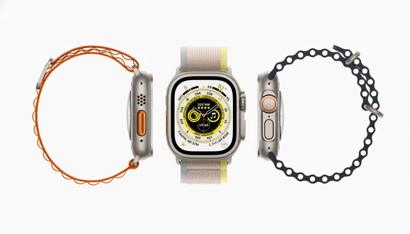 A professional image of three Apple Watch Ul tras in various orientations with different bands on a clean white background.