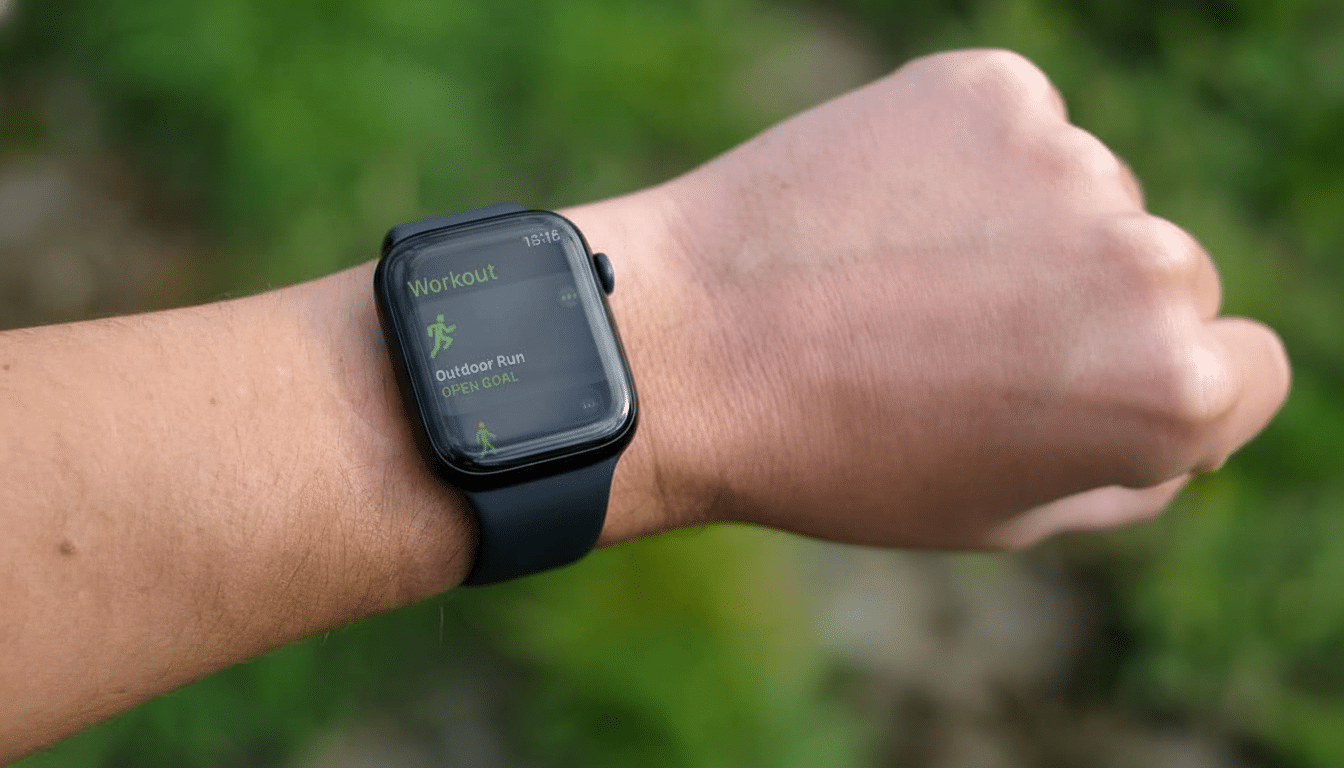 A close -up shot of a persons wrist wearing an Apple Watch, displaying the Workout app with Outdoor Run and OPEN GOAL selected, against a blurred gree