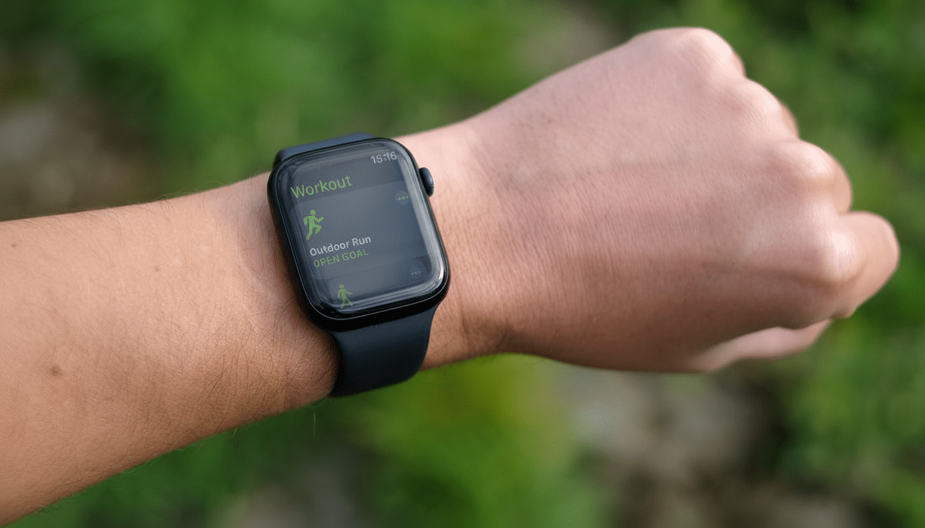 Close -up of a persons wrist wearing an Apple Watch, displaying the Workout app with Outdoor Run selected, set against a blurred green background.