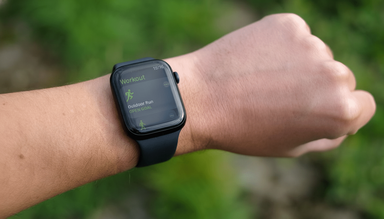 Close -up of a persons wrist wearing an Apple Watch displaying the Workout app, with Outdoor Run selected and OPEN GOAL visible against a blurred gree