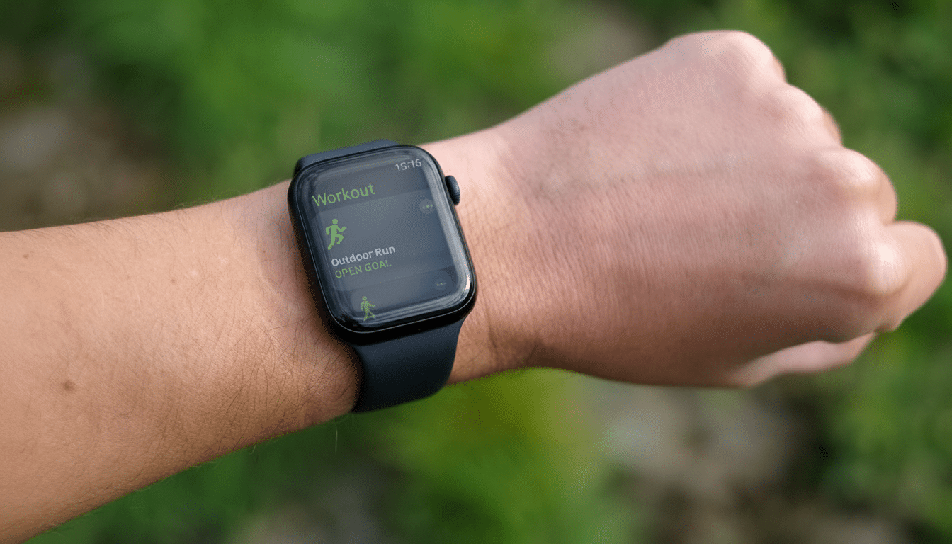 Close -up of a persons wrist wearing an Apple Watch displaying the Workout app, with Outdoor Run selected and an OPEN GOAL. The background is blurred