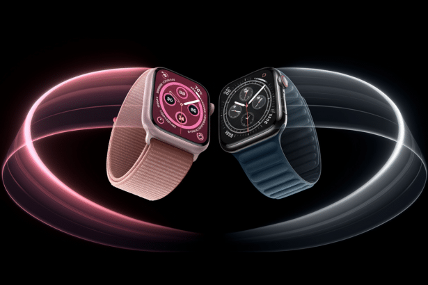 Two Apple Watches, one with a pink strap and a pink watch face showing health data, and the other with a blue strap and a dark watch face displaying t