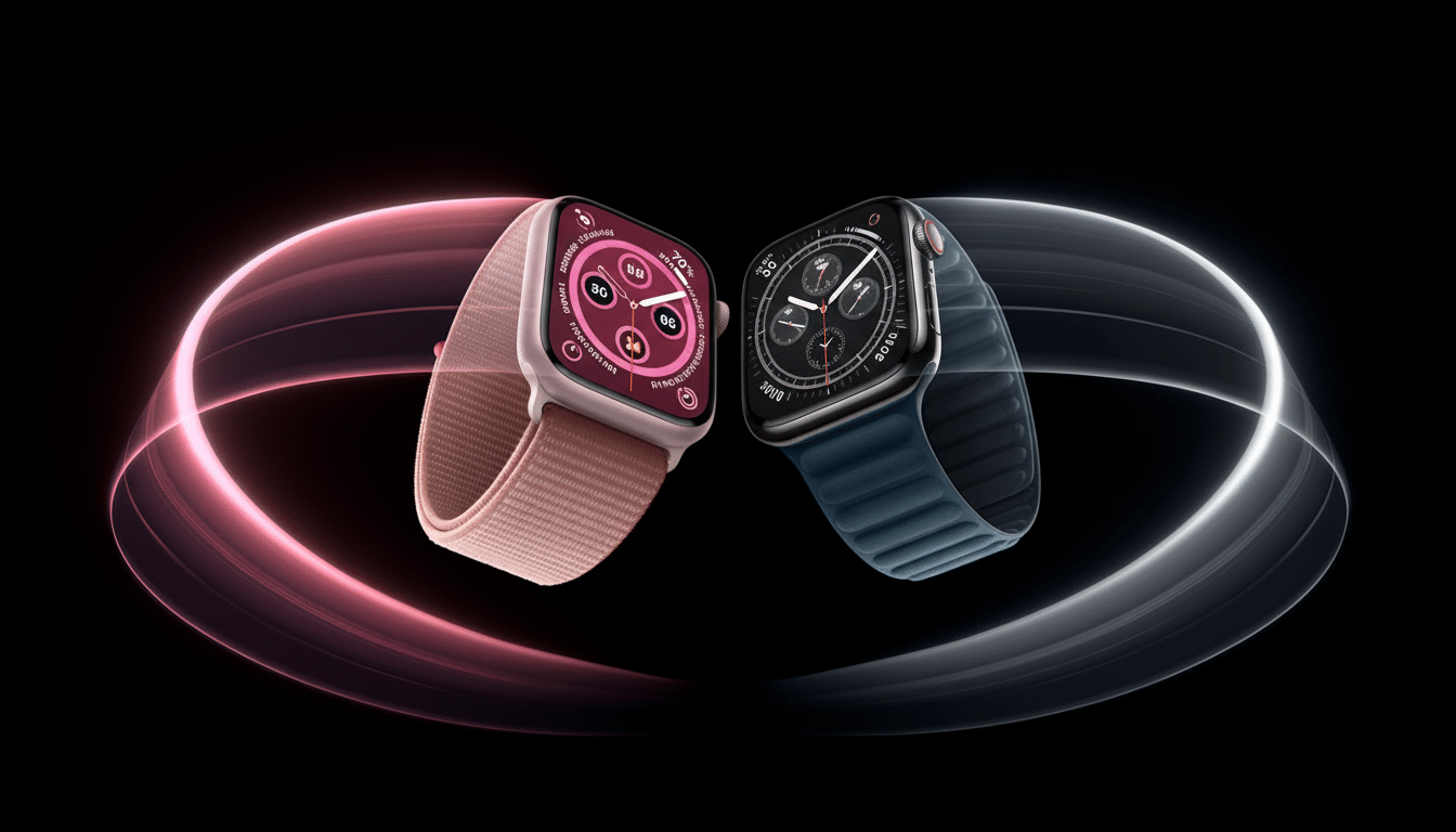 Two Apple Watches, one with a pink strap and a pink watch face showing health data, and the other with a blue strap and a dark watch face displaying t