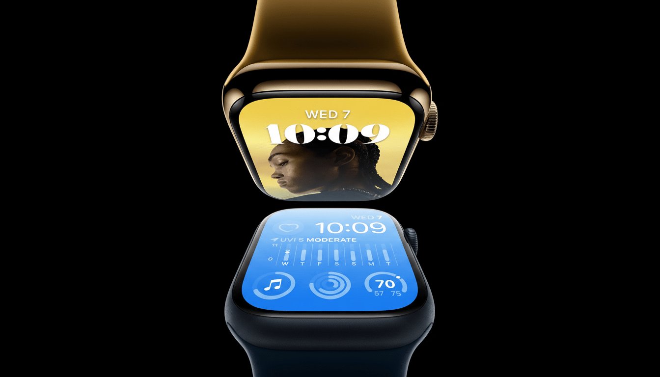 Two Apple Watches, one gold and one black, displayed against a black background. The gold watch shows a persons face on its screen, while the black wa