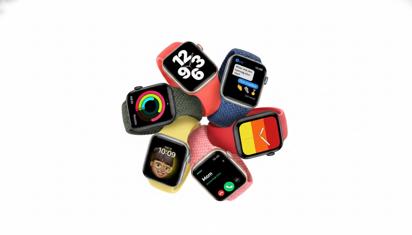 A professional arrangement of several colorful Apple Watches on a white background , showcasing various watch faces and strap colors. Filename : applewatches arrangement.png