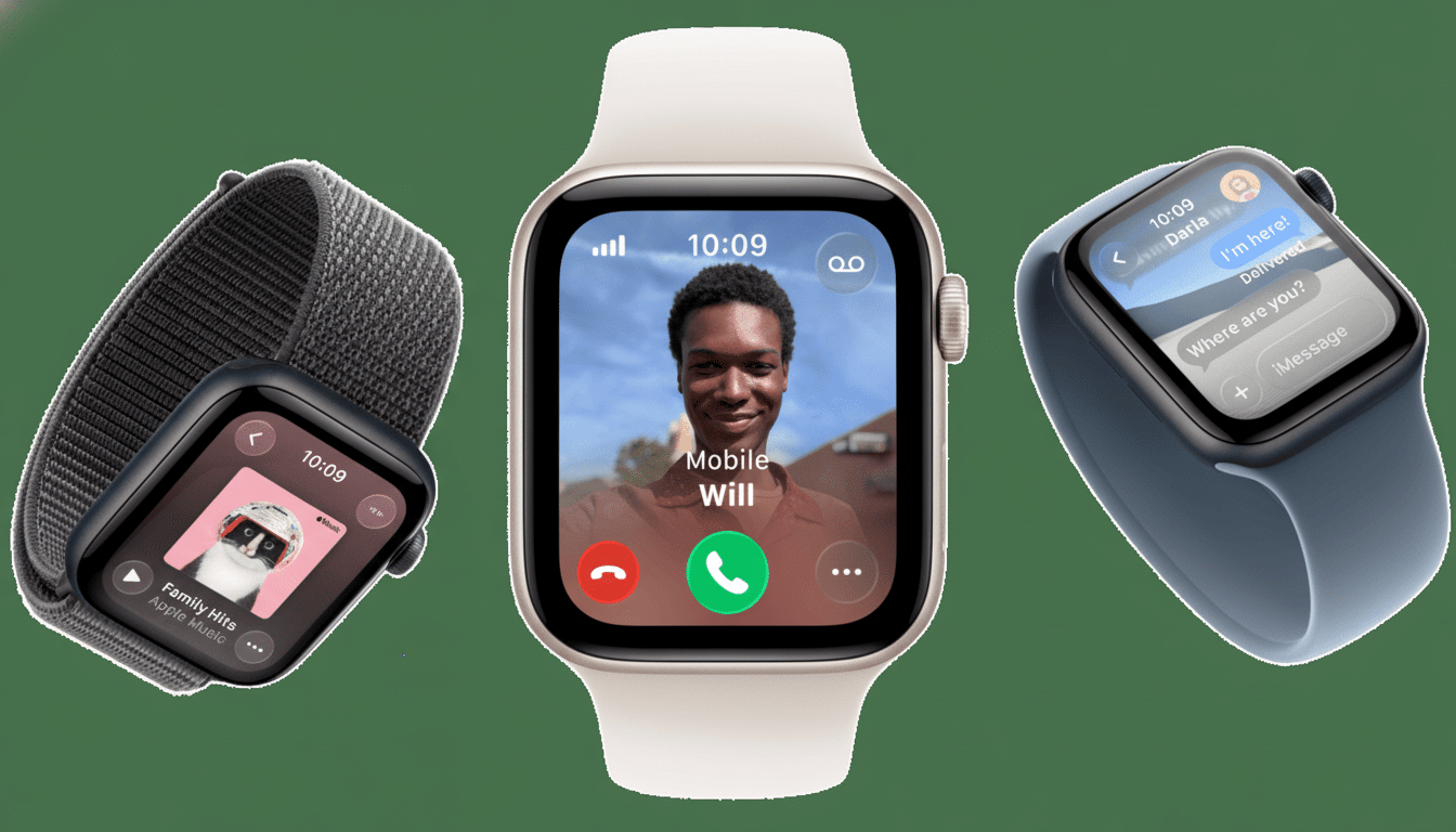 Three Apple Watches displayed on a green background. The central watch shows an incoming video call from Will. The watch on the left displays music pl