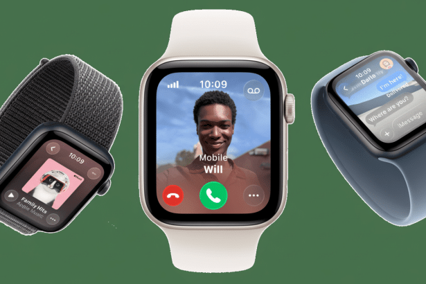 Three Apple Watches displayed on a green background. The central watch shows a video call with a smiling man. The watch on the left displays music playback , and the watch on the right shows a message thread .