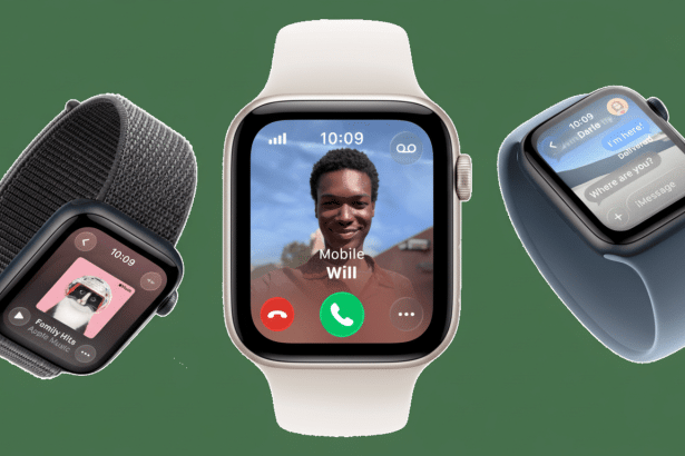 Three Apple Watches displayed on a green background. The central watch shows a video call with a smiling person , the left watch displays music playback with album art, and the right watch shows a message conversation .