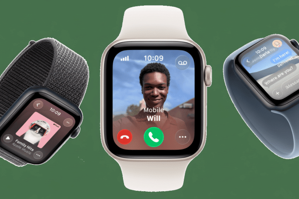 Three Apple Watches displayed on a green background. The central watch shows a video call, the left watch displays music playback , and the right watch shows message notifications .