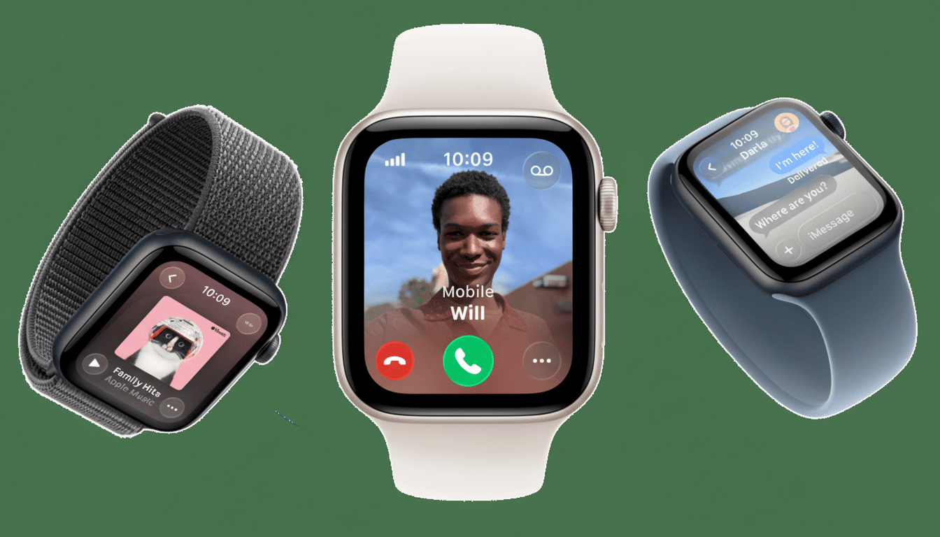 Three Apple Watches displayed at different angles on a solid green background. The central watch shows a video call with a person named Will, the left